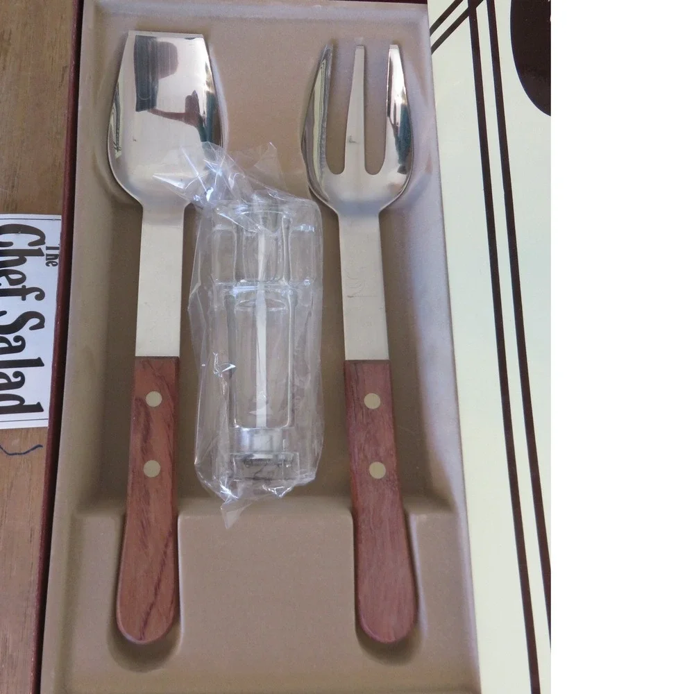 Vernco Chef Salad Set Wood Handle Stainless Spoon Fork Salt & Pepper Grinder‎